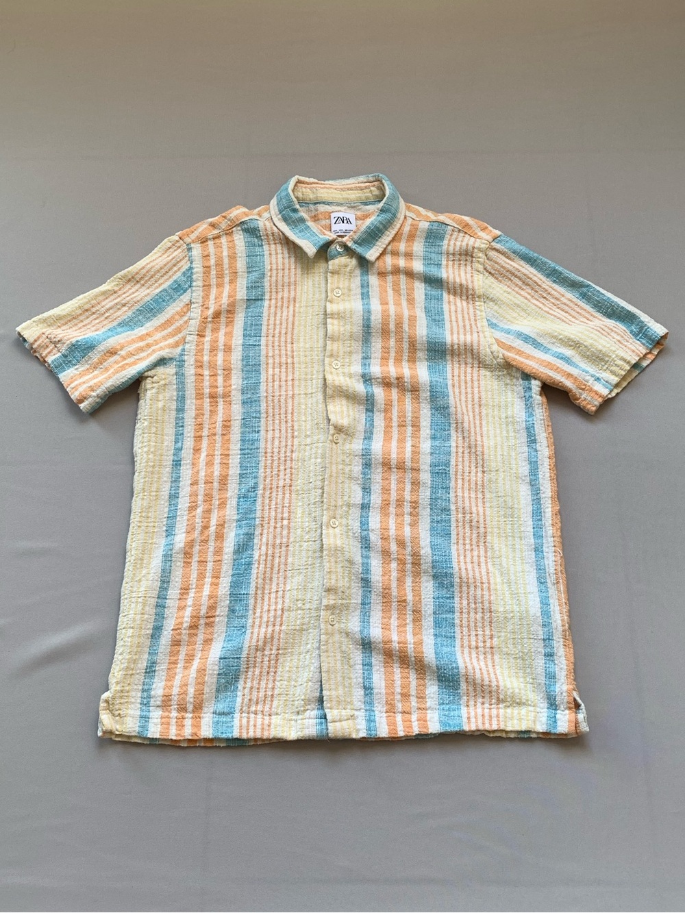 Zara Men’s Short-Sleeve Striped Button-Up Shirt in Pastel Blue & Orange